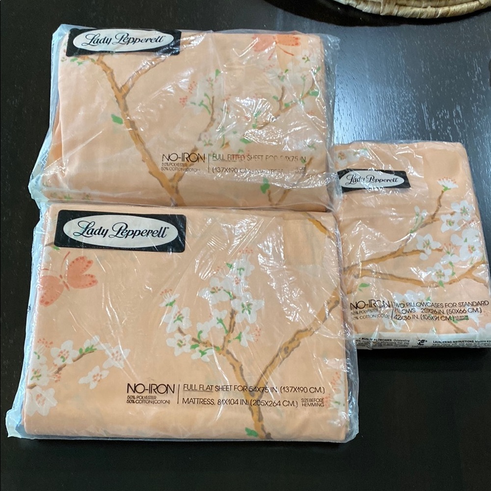 RARE NOS NIP Lady Pepperell Peach Cherry Blossom FULL No-Iron Sheet Set!